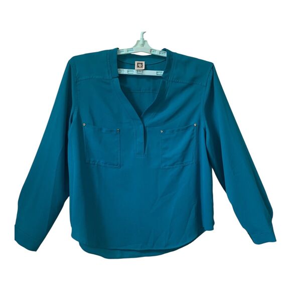 Anne Klein Blouse XL Teal Blue Long Sleeve V-Neck Turquoise Silver Snaps Flowy - Picture 1 of 14